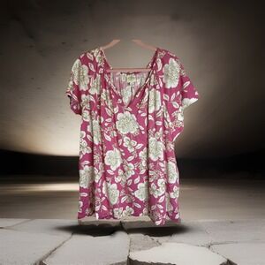 St Johns Bay Womens 3X Pink Floral Blouse Short Sleeve Plus Size Top